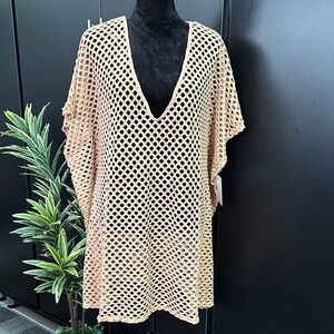 Kiwi & Punch Crocheted v-neck,butterfly short sleeve,side slit hem,oversized